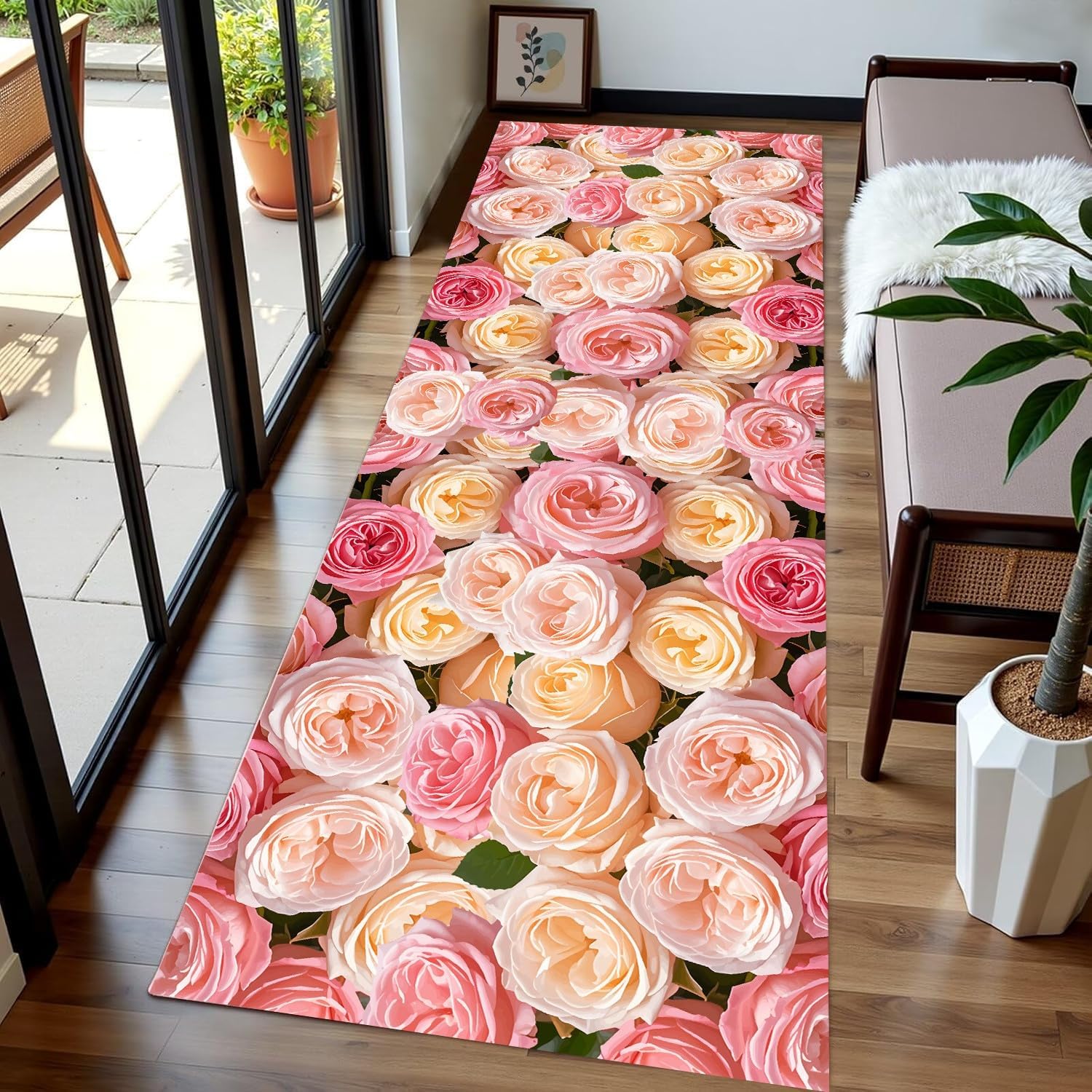 Washable Floral Hallways Runner Rugs，2x6ft,Valentine's Day 3D Romantic Rose Runner Rug,Low Pile Soft Pink and Red Kitchen Runner Rug，for Laundry Bedroom Entryway with Non Slip Backing