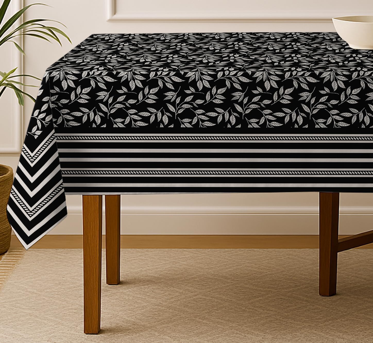 Leaves Design Tablecloth- Black 60x60 Inch Cotton Twill Dining Table Cover, Perfect for 4 Seater Tables, Durable, Protective & Washable, Ideal for Everyday Use, Festive Occasions & Gathering