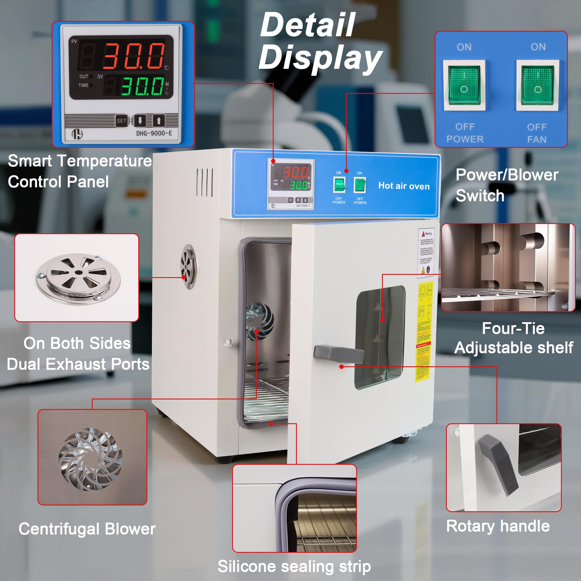 43L Labor Trockenschrank – Starker Umluft-Heizofen mit digitaler Temperaturregelung 50–300 °C, 800W – für 3D-Druck Filament Trocknung, Annealing, Materialerwärmung & Labortests
