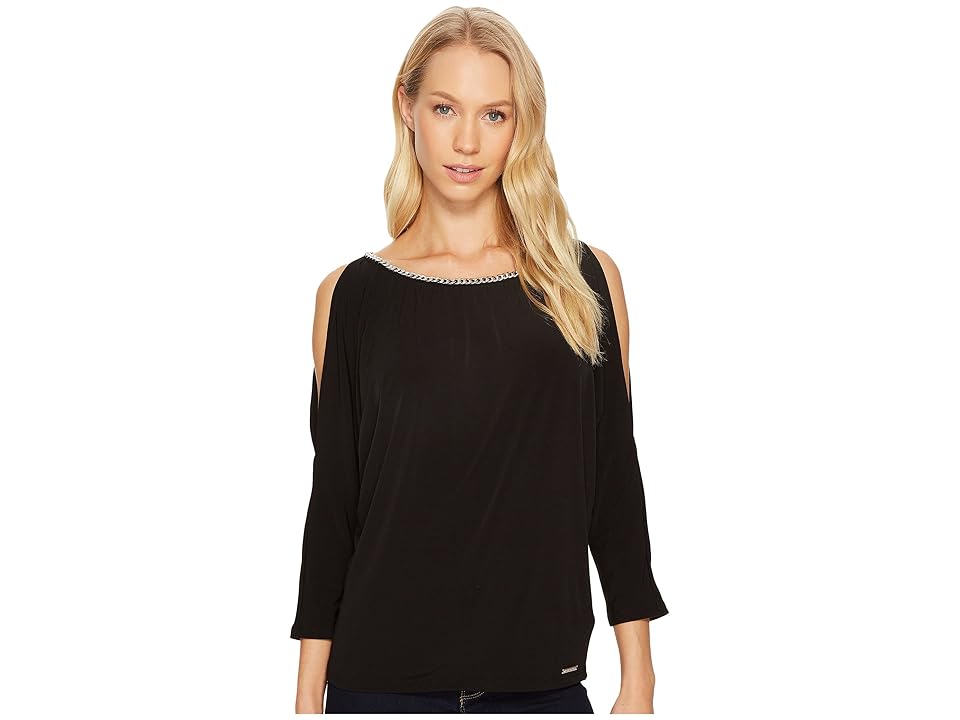 

MICHAEL Michael Kors Chain Neck Cold Shoulder Top (Black/Silver) Women's Clothing