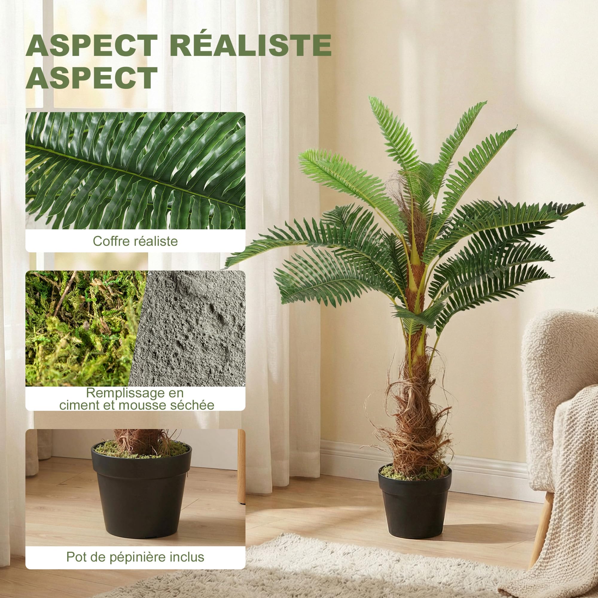 HOMCOM Plante Artificielle Palmier 100 cm avec 21 Grandes Feuilles Grand réalisme Pot Inclus
