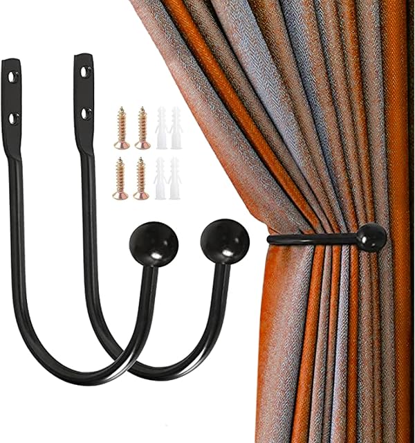 Pair of Aluminum Rust Proof Stylish Curtain Hold Back Metal Tie Tassel Arm Hook Loop Holder U Shaped -curtain tie backs and curtain hooks Drapery Holdbacks with Screws to Fixed Curtain (Painted Black)