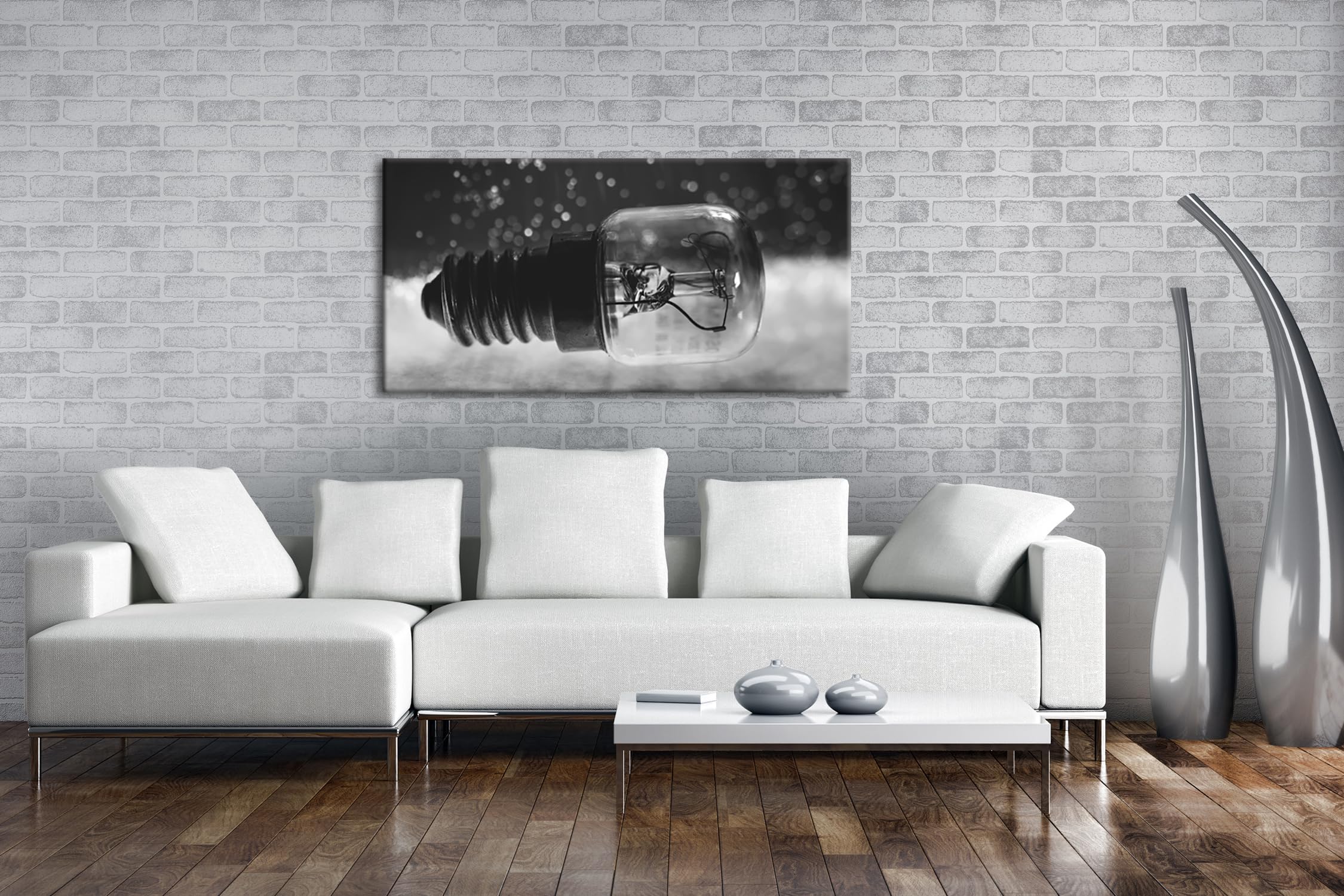deyoli Bombilla de rosca panorámica 100 x 50 cm, efecto: negro/blanco como lienzo, diseño enmarcado sobre marco de madera auténtica, impresión digital de alta calidad con marco