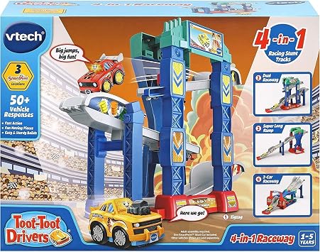 VTech 556503 Toot Drivers 4-in-1 Raceway, Toy Car racing Track for Boys and Girls, Car Tracks for Kids with Lights and Sounds, Musical Toy Race Track for Children Aged 1 to 5 Years, English Version