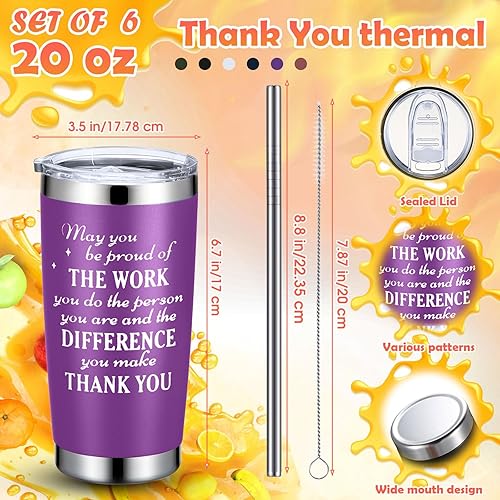 Miniatura 8 de Mifoci Juego de 6 vasos de viaje aislados de acero inoxidable de 20 onzas con tapa, cepillo para pajilla, regalos de agradecimiento para empleados,