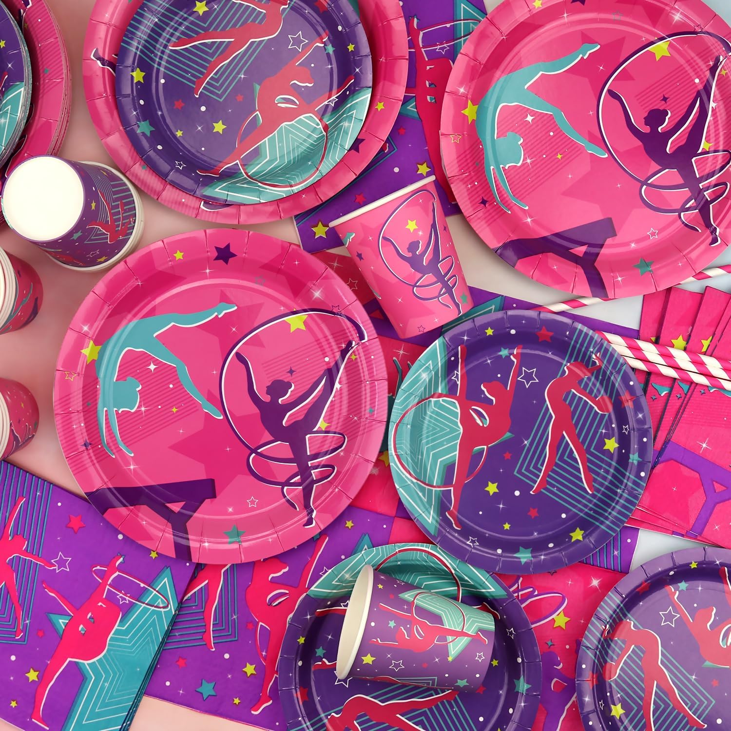 20 decorazioni per feste di compleanno e ginnastica, accessori per la vostra piccola ginnastica da danza con striscione con motivo ginnico, tovaglia, piatti, tovaglioli, stoviglie, palloncini