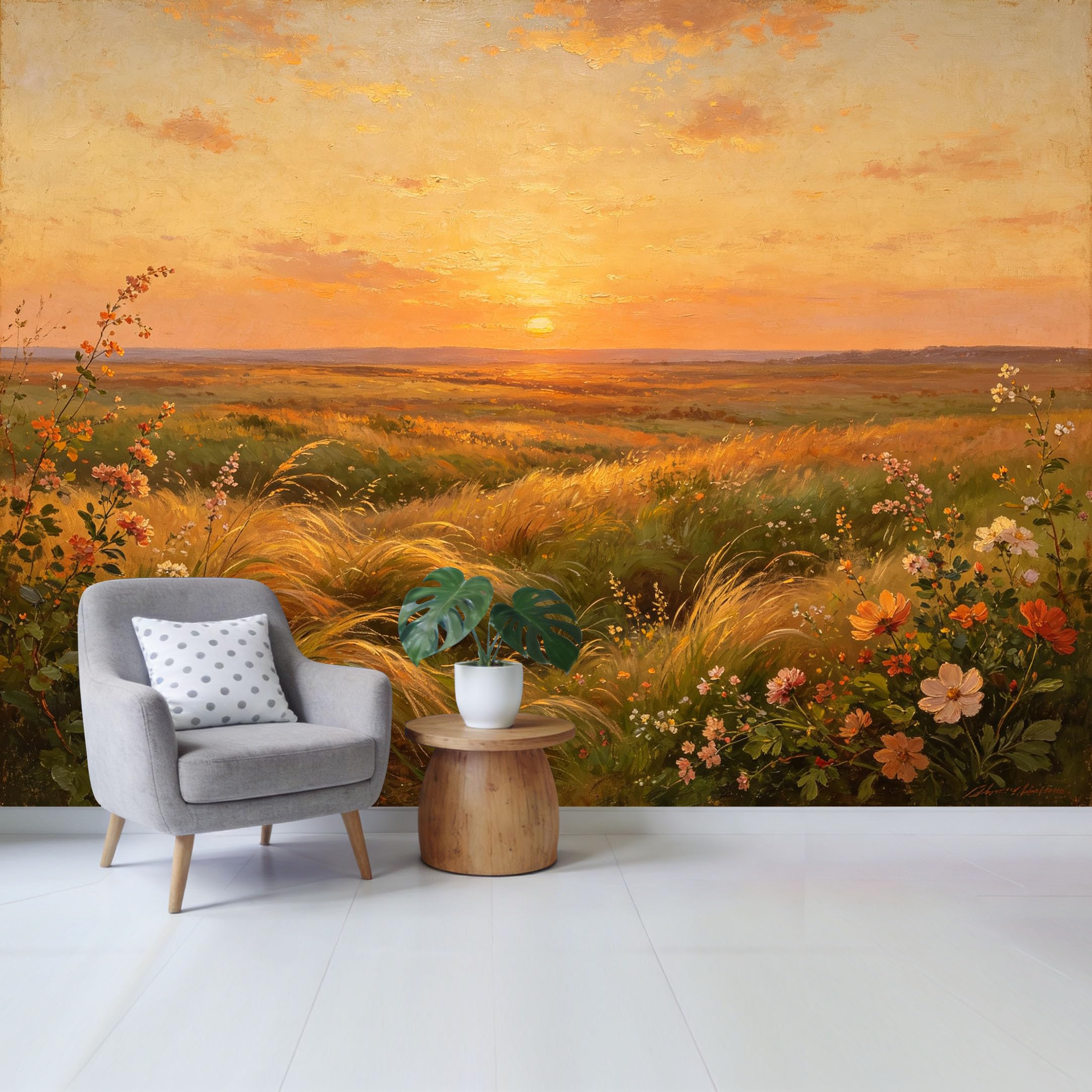 Qzlithotic Yq2605250289 Custom Size Wall Mural Golden Sunset Meadow Wildflowers Landscape Oil Painting Style Selfadhesive Wall Fabric Removable Wallpaper For Home Office Decor