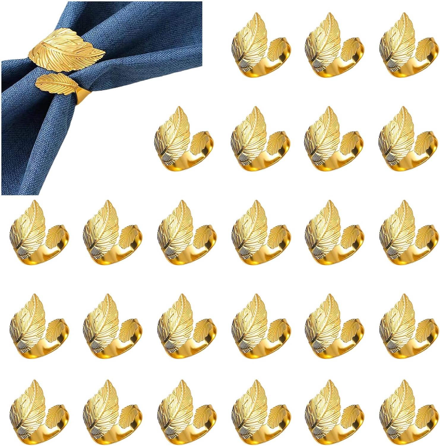 Gold Napkin Rings Set of 50 pcs, Bright Gold Leaf Napkins Rings Holders Metal Bulk for Wedding,Dinner,Birthday,Fall,Christmas,Thanksgiving Party of Table Setting Decor Mgrlfbl(Golden Leaves 50)