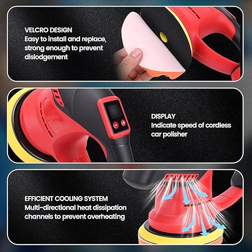 Miniatura 5 de Kit de pulidor inalámbrico para automóvil con 2 baterías de 2.0 AH, pulidora de doble acción, cera de 6 velocidades variables para detalles de