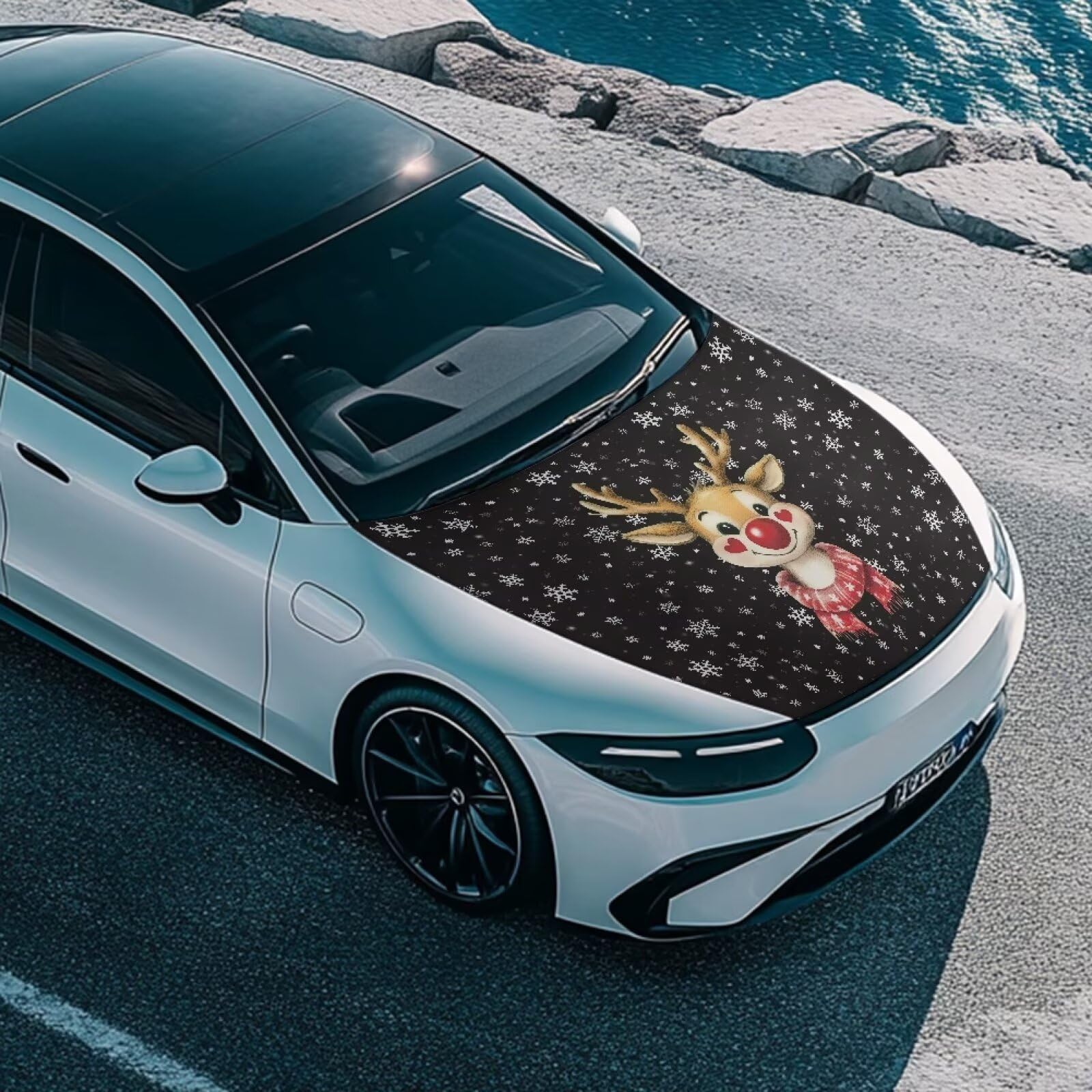 Tomeusey Christmas Deer Snowflakes Car Hood Cover Waterproof Protector with Elastic HemUV Resistant Snow Dust Shield for Sedan — view 3