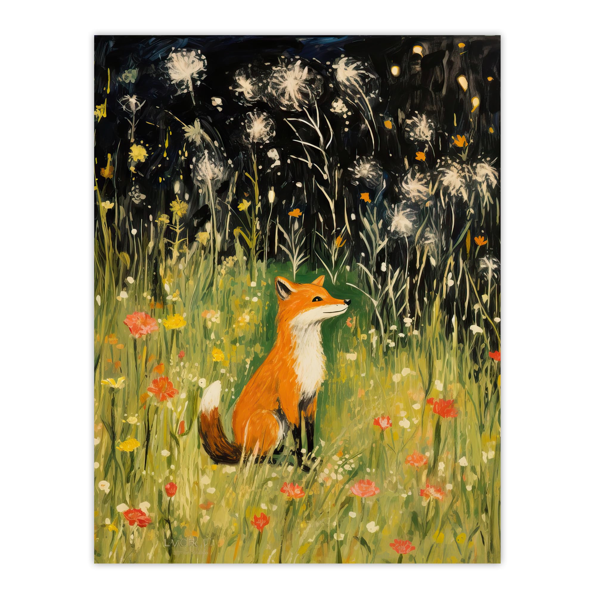 Artery8 Fox In Wildflower Meadow Acrylic Painting Spring Evening Among Flowers Extra Large XL Wall Art Poster Print