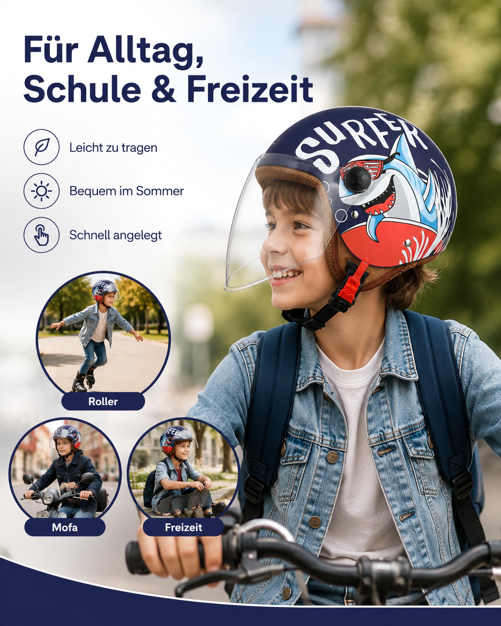 FREEUP Kinder Motorradhelm Roller Helm jethelm mit Sonnenblende, Mädchen Rollerhelm Junge Mofa helm, Schnellverschluss tasche, 48-55cm, für 5 Jahre - 12 Jahre Kid