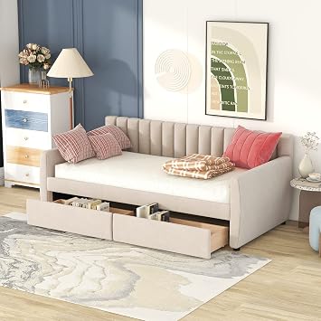 Upholstered Twin Size Daybed with Two Drawers,Velvet Bed Frame W/Vertical Stripes Backrest and Armrests,for Guest Room,Bedroom,Apartment,Hotel,Beige