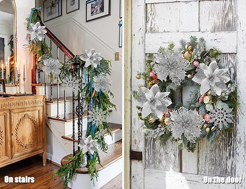 Miniatura 4 de RECUTMS Juego de 60 piezas de flores de Pascua artificiales con purpurina, 3 estilos, para decoración de árbol de Navidad, corona de boda,