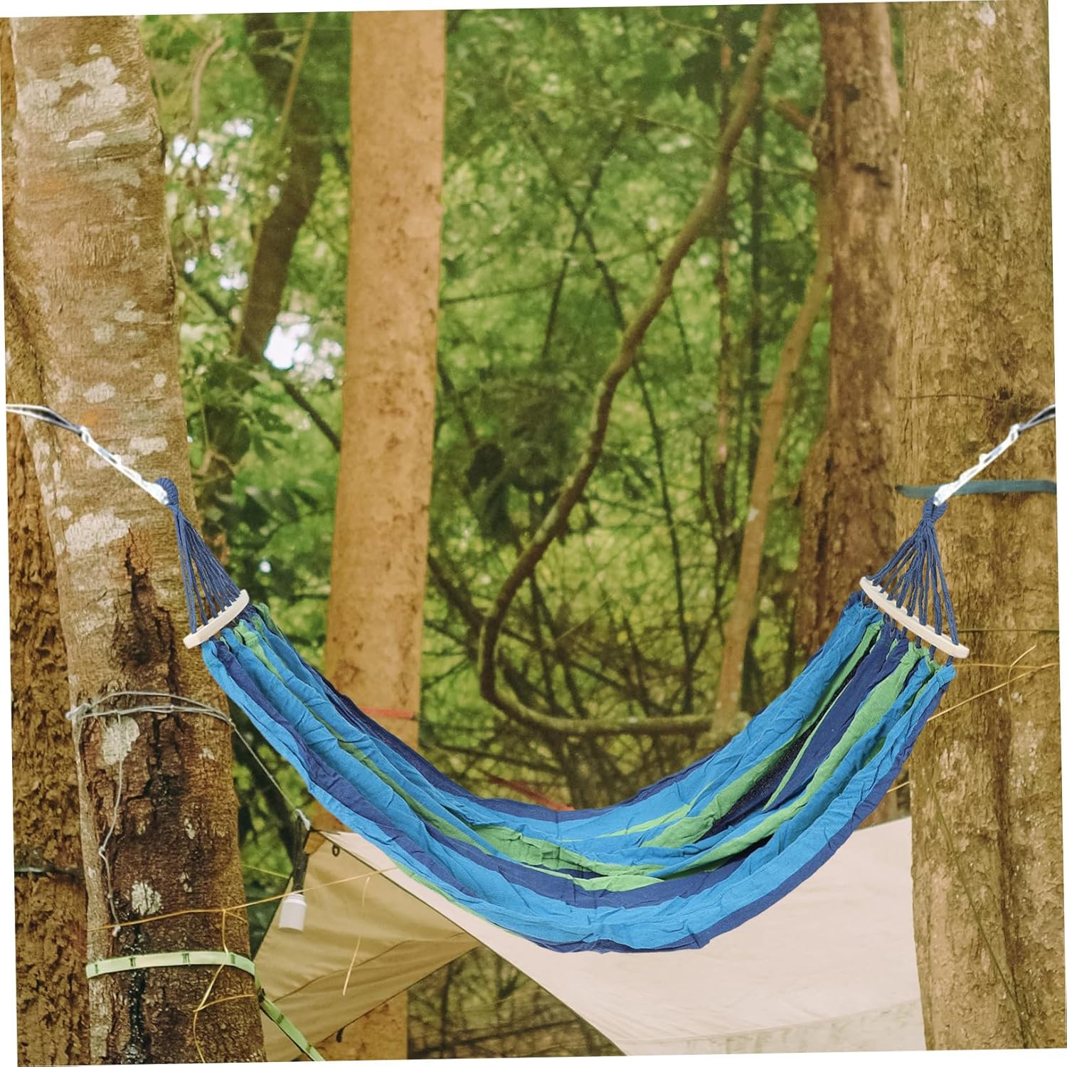 Outdoor Double Hammock Wooden Stick Portable Sleeping Pad for Camping Easy Setup for People Rainbow Stripe Pattern