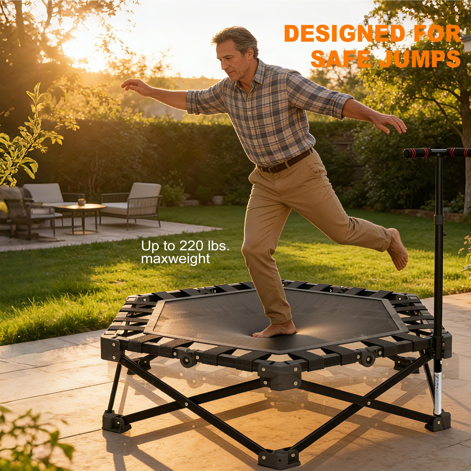 Składana mini trampolina 106 cm, 3-stopniowa regulacja wysokości, bez montażu, do użytku wewnątrz i na zewnątrz, z wytrzymałą ramą X, cicha, antypoślizgowa, do treningu domowego i zabawy