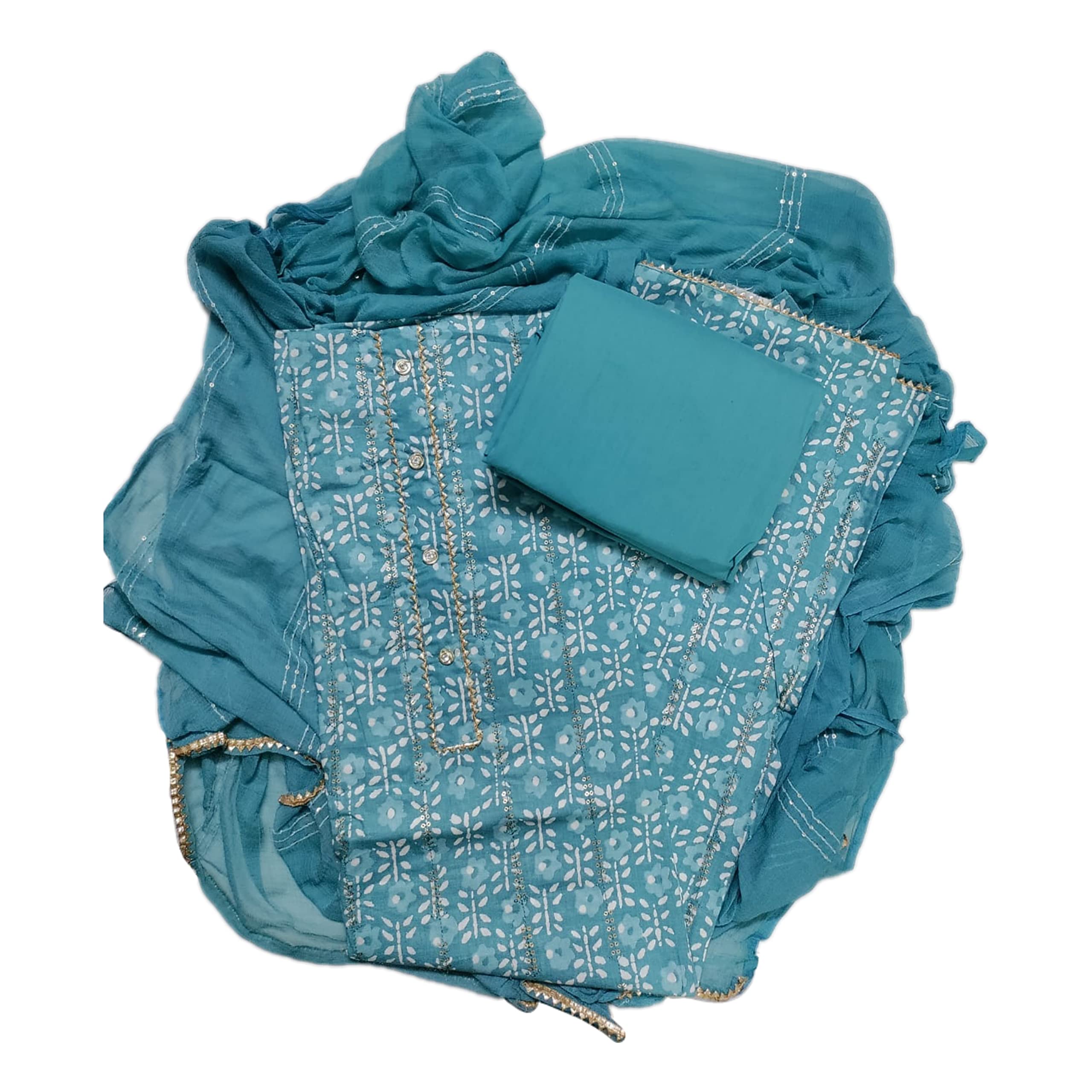 EJSWomen's Pure Cotton Printed With Sequins Work Unstitched Salwar Suit Dress Material With Chiffon Sequins Work Dupatta(Free Size), Blue, Free Size