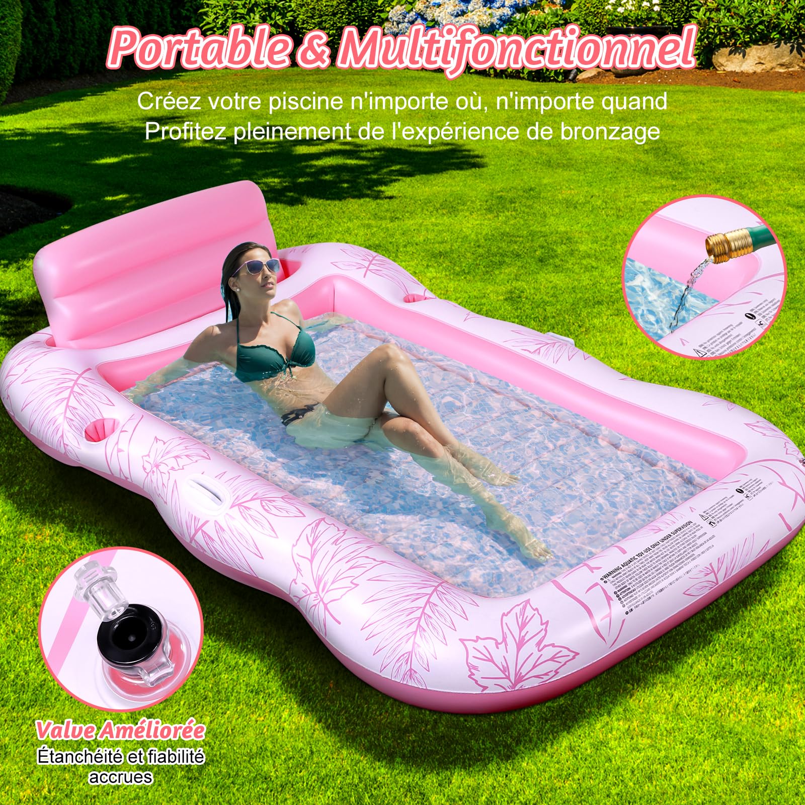 Charmofun Matelas Gonflable Piscine, Gonflable Tanning Pool Flotteur de Piscine pour Adultes pour Bain de Soleil, Piscine Gonflable Hamac avec Porte-gobelet, Piscine Bronzage pour Adultes (Rose)
