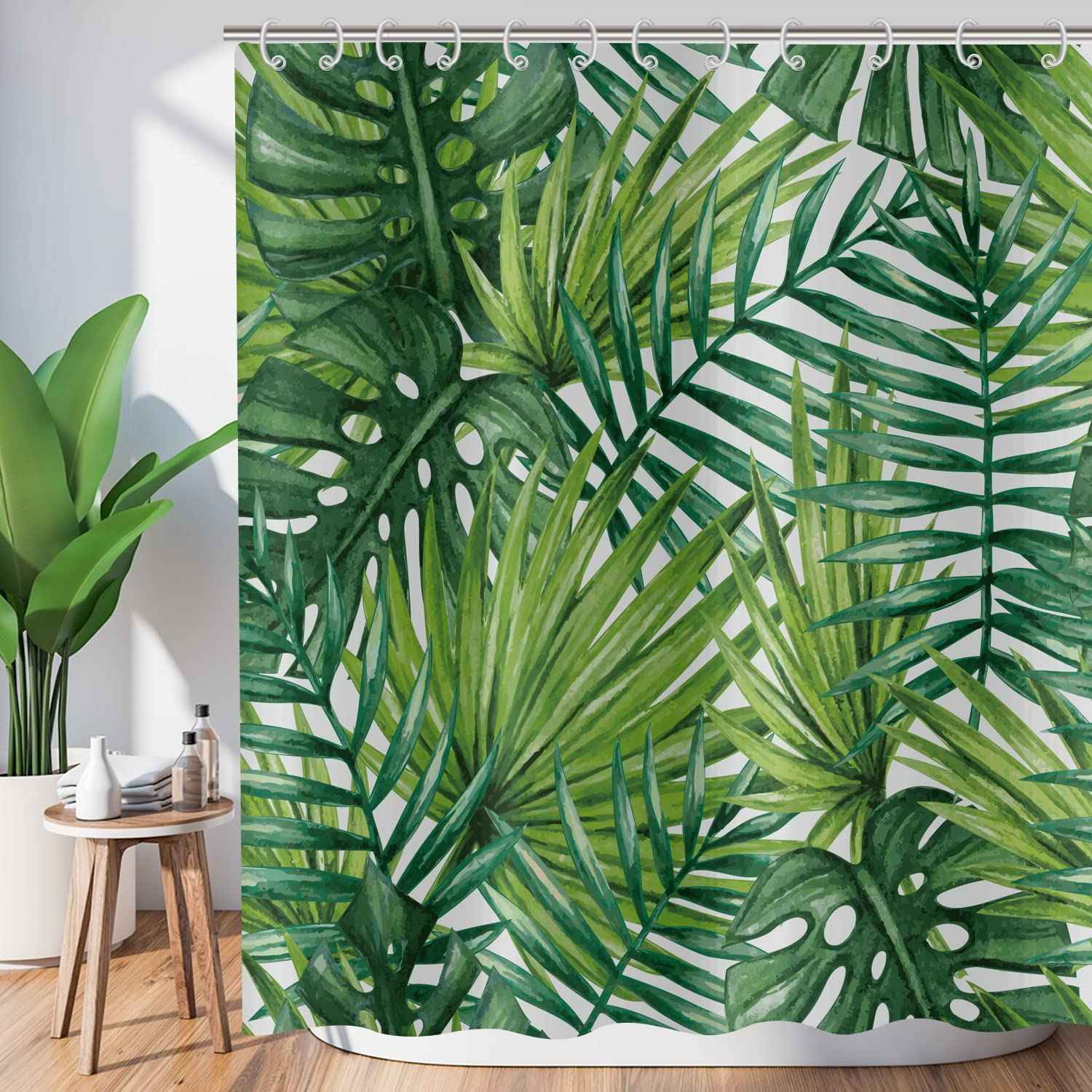 Hnmdmyi Tropical Leaf Shower Curtain 120x180, Green Palm Leaves Shower Curtains Jungle Plant Botanical Bathroom Curtains with Hooks Waterproof Polyester Fabric Washable Bath Curtains for Wet Room — image 1