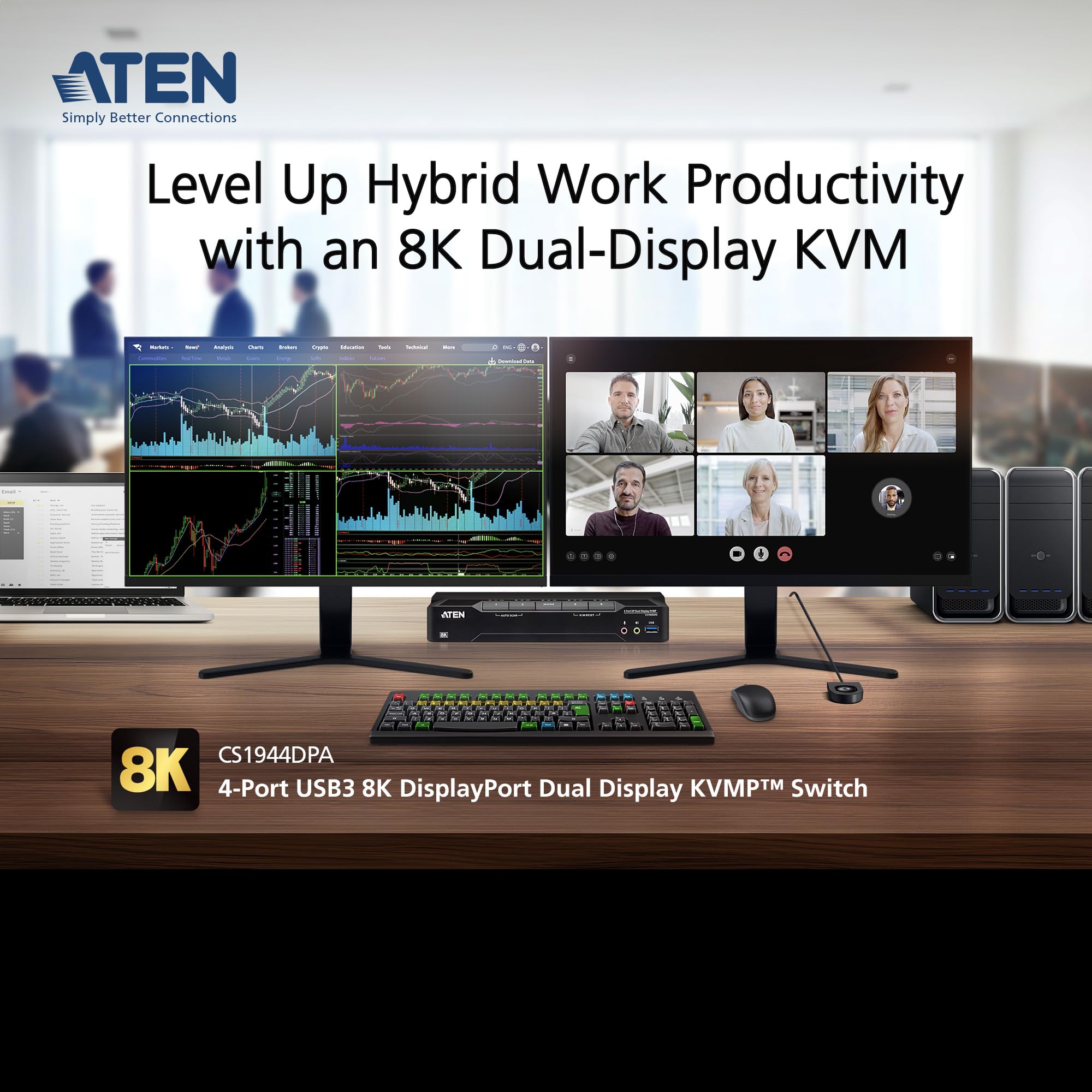 ATEN CS1944DPA Switch KVM DisplayPort a 4 porte USB 3.0 8K Dual-Display e cavi, controllo 4 PC con 2 monitor, 1 tastiera e mouse, 8K@60Hz, 4K@120Hz, HotKey, pulsante, porta remota o commutazione RS