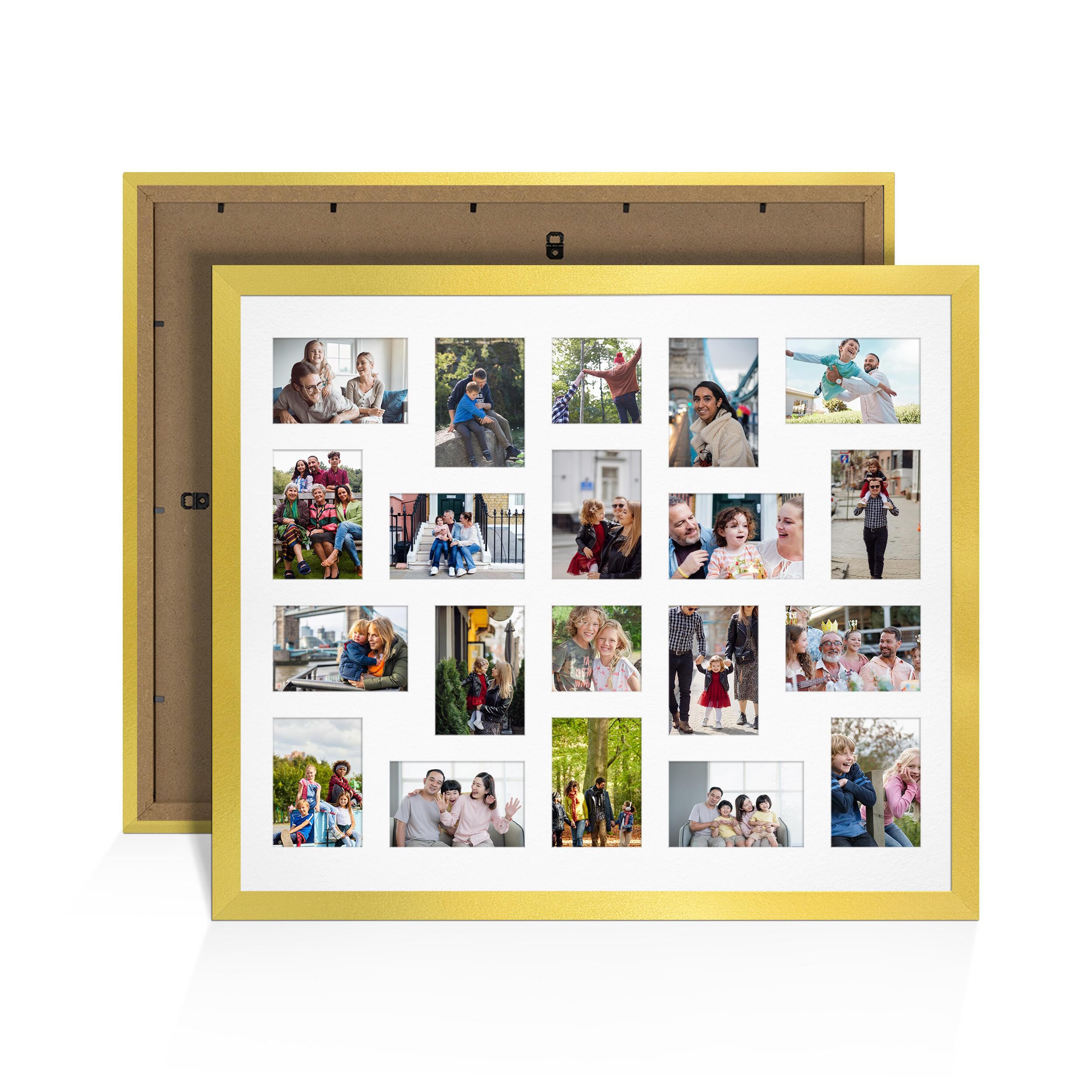 Alison Kingsgate Gold 80x70cm Photo frames for multiple pictures - 20 Apertures Collage Frame with White Mount- Holds (18x) 6x4 & (2x) 4x4 Photos - Engineered Wood & Perspex