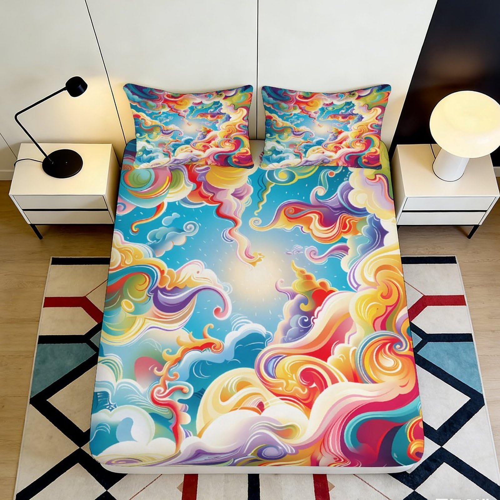 3D Printed Colorful Cloud Dragon Fitted Sheet Microfiber Soft Bed Cover for Bedroom Dorm Artistic Mattress Decor 90x200x25cm
