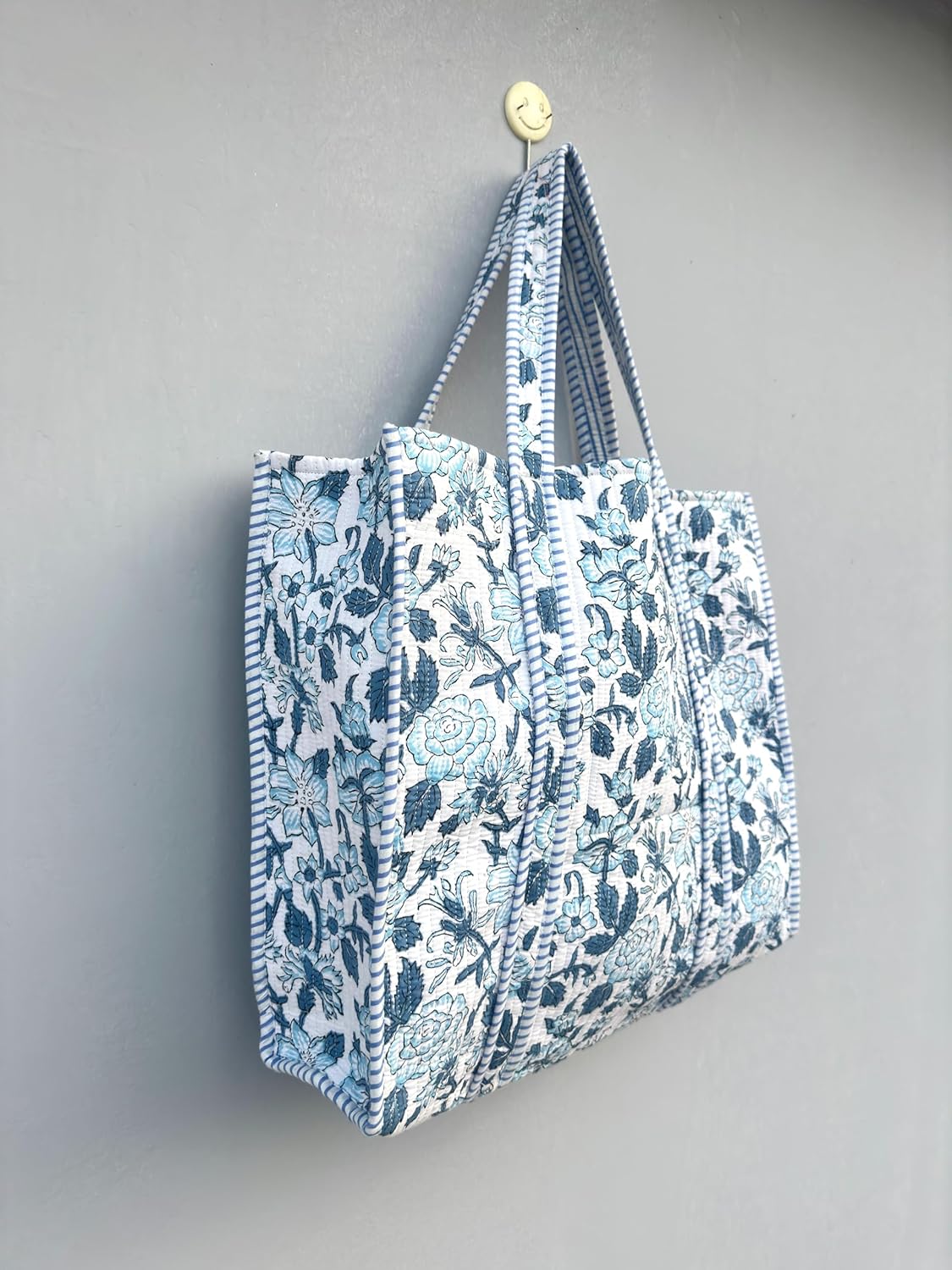 Quilted Cotton Handprinted Reversible Large multicolor Floral Tote Bag,Hand Block Print Shopping Shoulder Carry Bag - Image 3