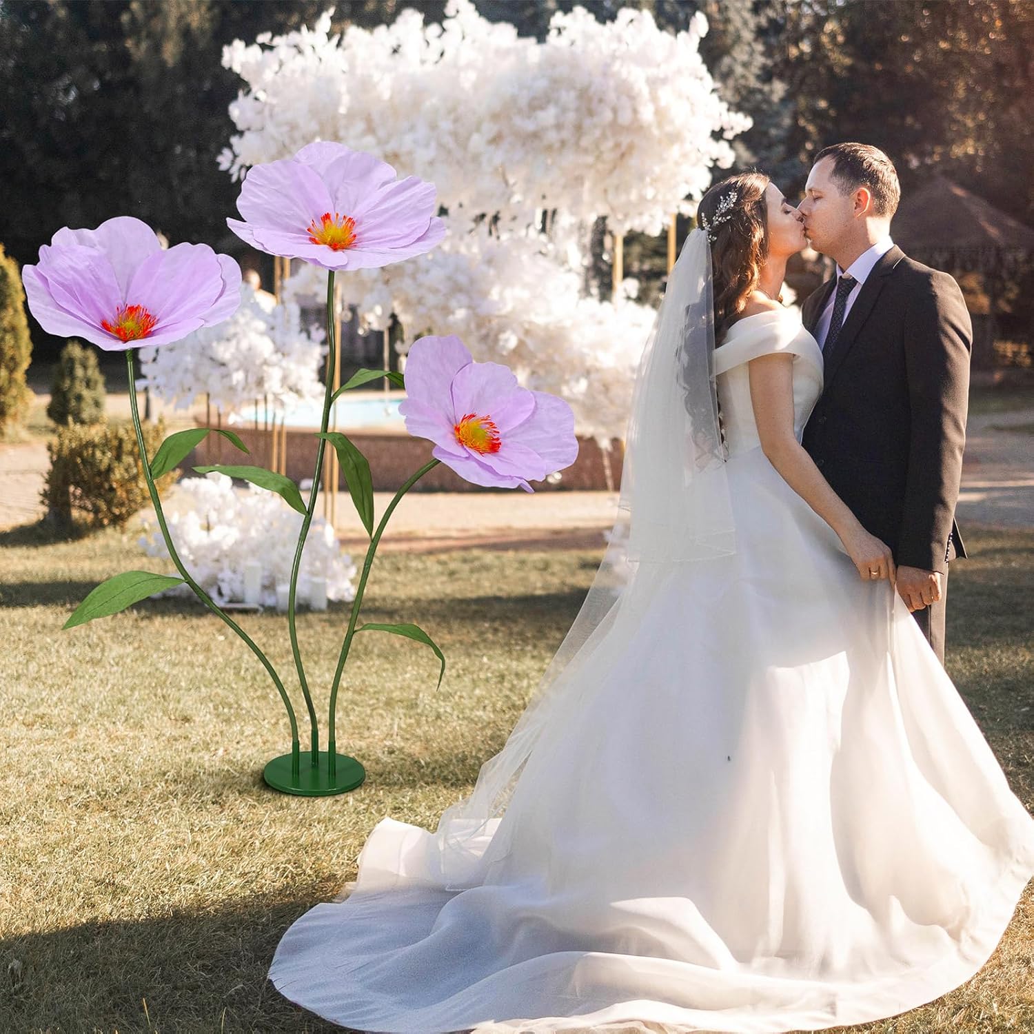 6ft Purple Giant Flowers for Decoration with Stand, Large Artificial Silk Poppy, Handcrafted Large Flower for Garden Wedding Party Photography Props Hotel Office Art Gallery Window Display