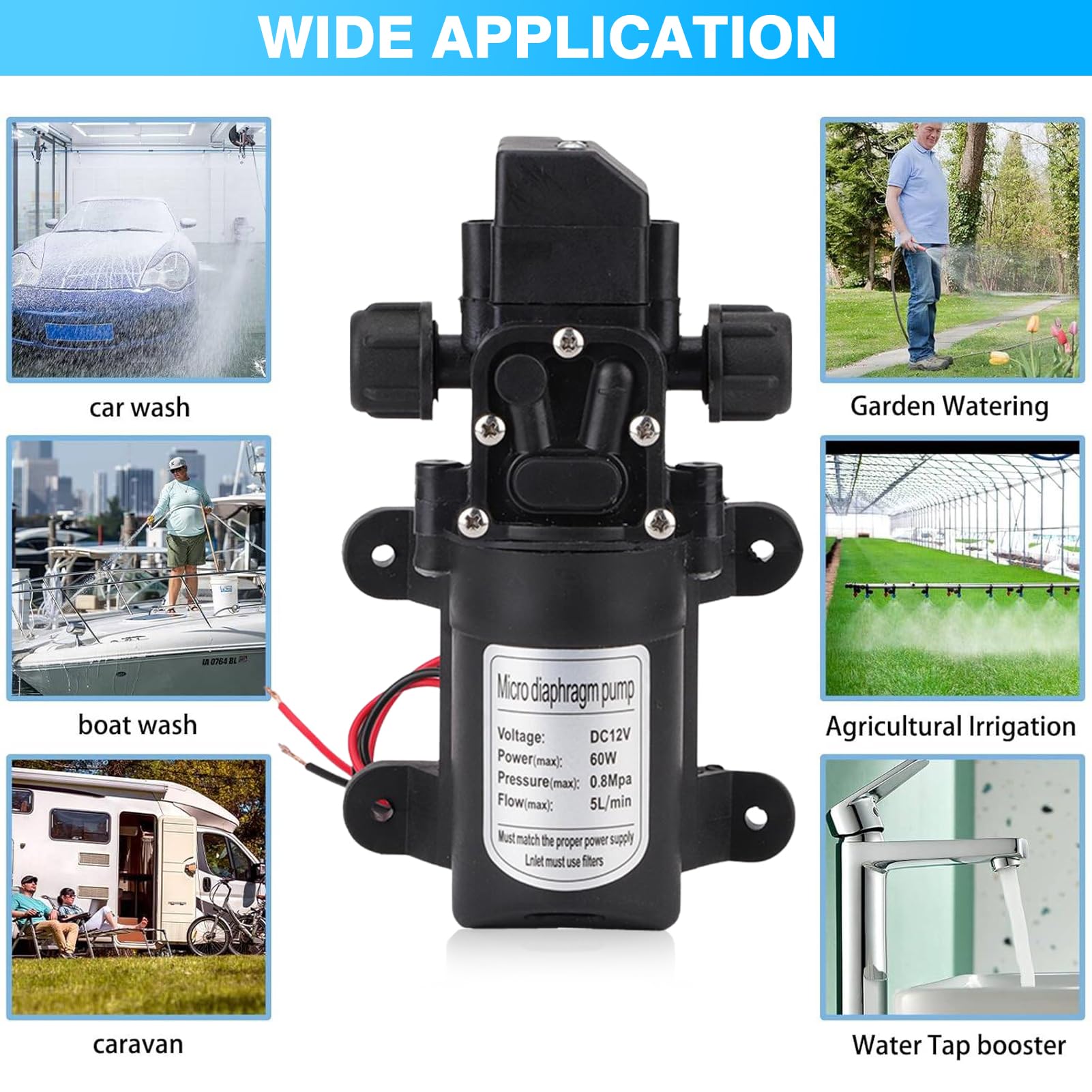 Jadeshay Pompa Acqua 12V, pompa autoadescante DC 12V 116Psi Pompa Acqua Pressione per Roulotte Barca Camper Giardino Pulizia Veicoli Camper 60W