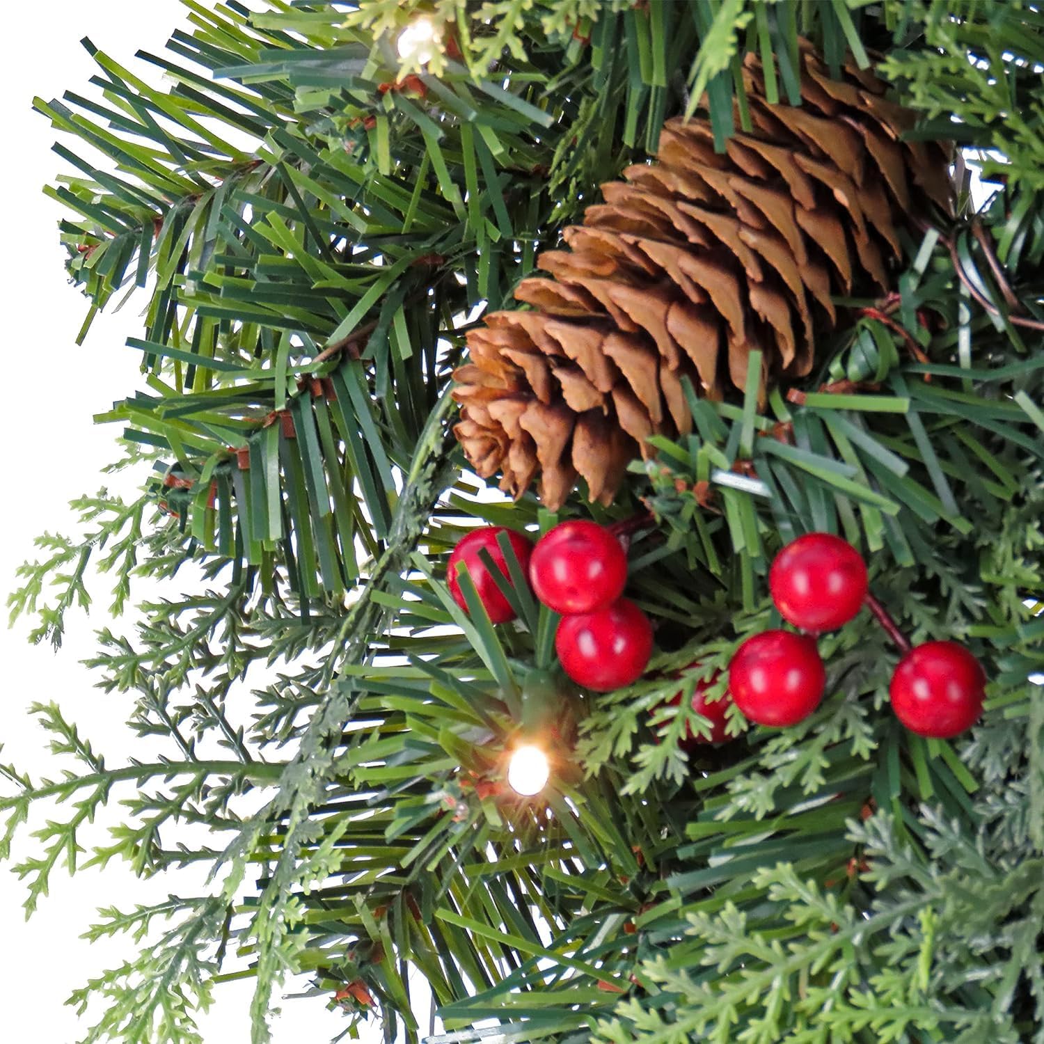 National Tree Company First Traditions Pre-Lit Christmas Wreath and Two Garlands with Berries and Pinecones, Warm White LED Lights, 9 ft