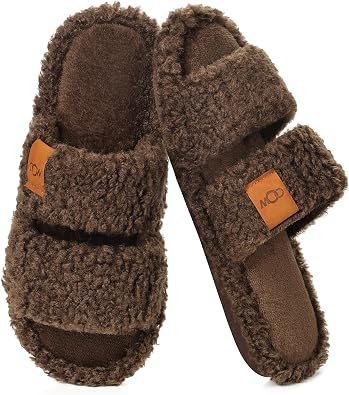 OOW Slippers for Women Open Toe Fuzzy Memory Foam with Non-Slip Sole