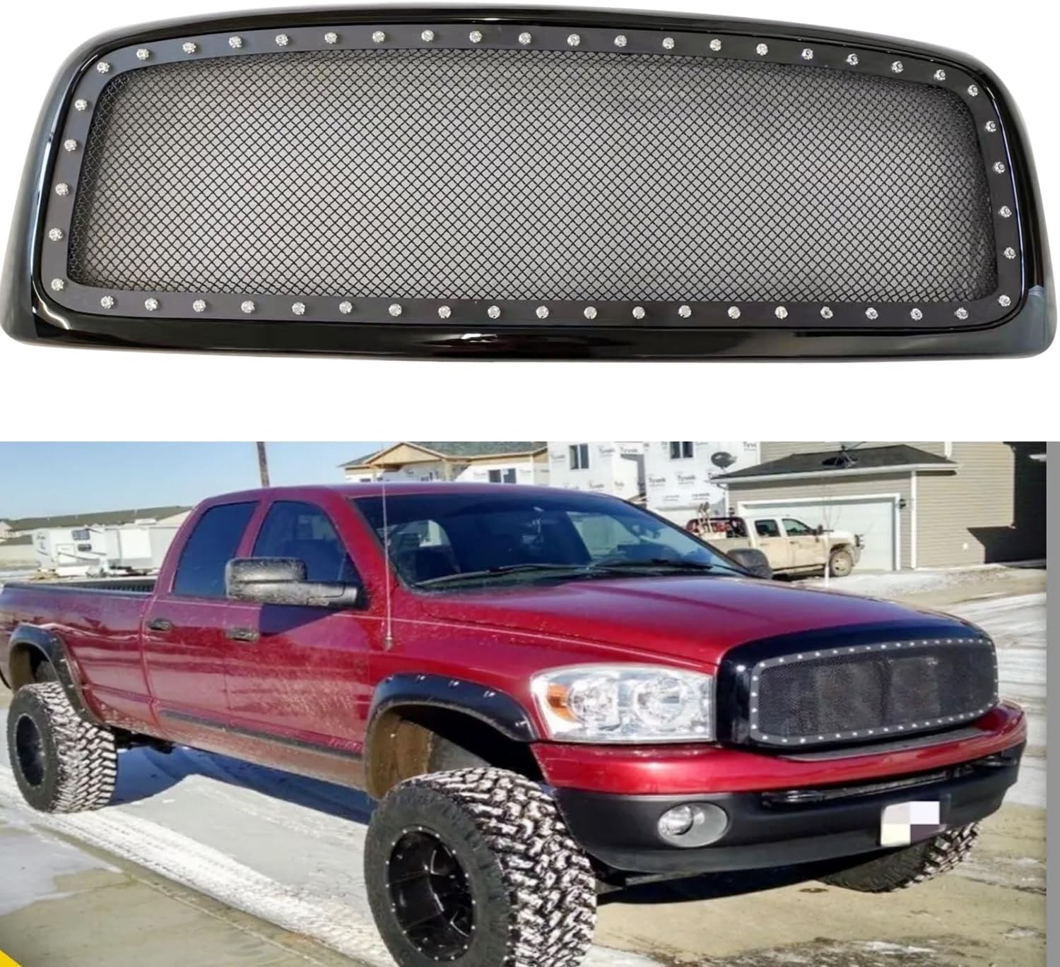 MUCO Grille Grills Front Hood Bumper-Gloss Black Grill Cover for RAM 1500 2500 3500 2002 2003 2004 2005 Rivet Type Grills Gloss Black