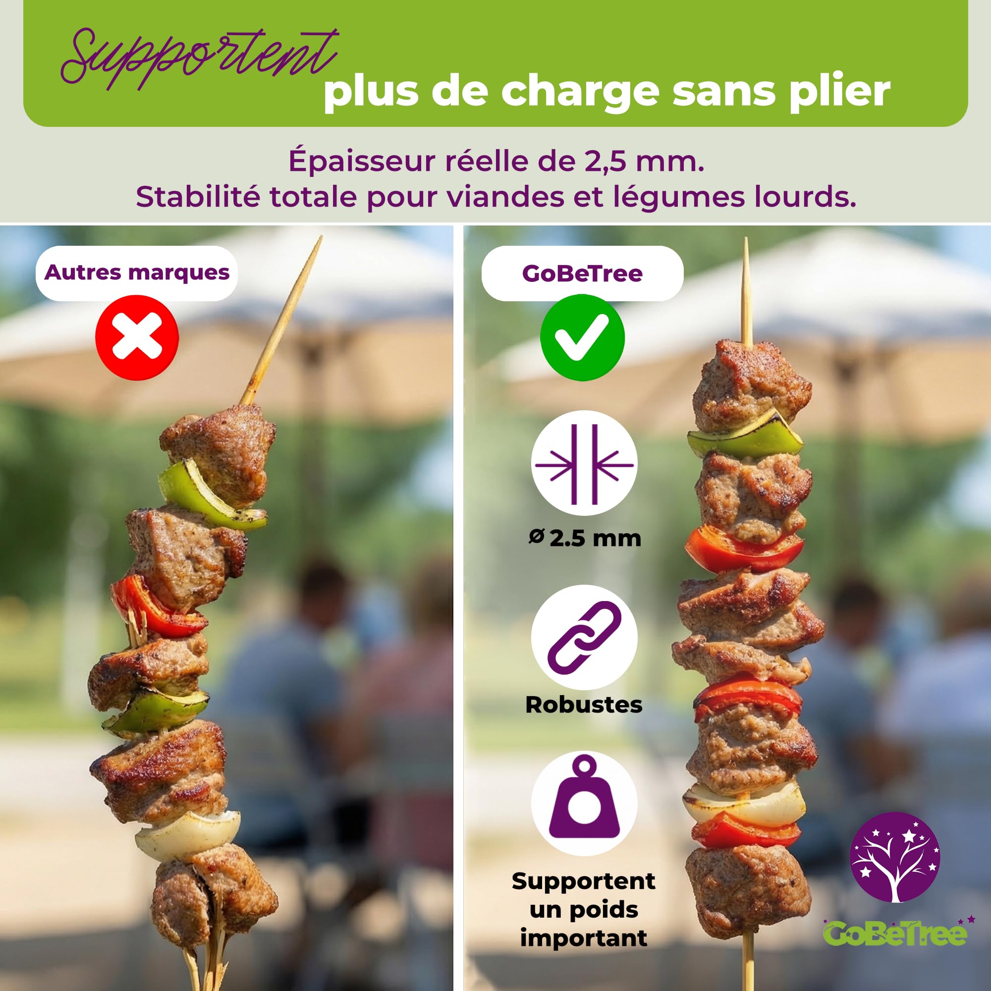 Piques à Brochette en Bois de Bouleau 15 cm x 2,5 mm Extra Résistants pour Barbecue