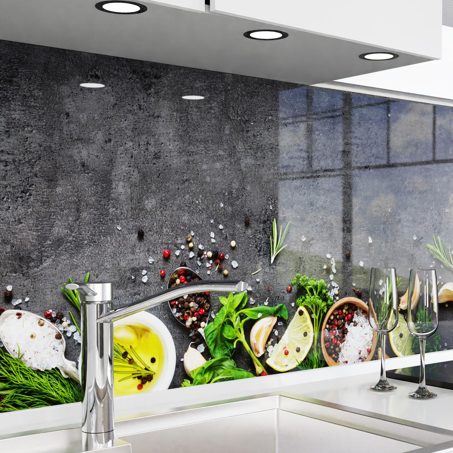 danario Küchenrückwand selbstklebend - Glasoptik - Spritzschutz Küche - versteifte PET Folie - 0,8 mm - Gewürztafel - 60cm x 220cm