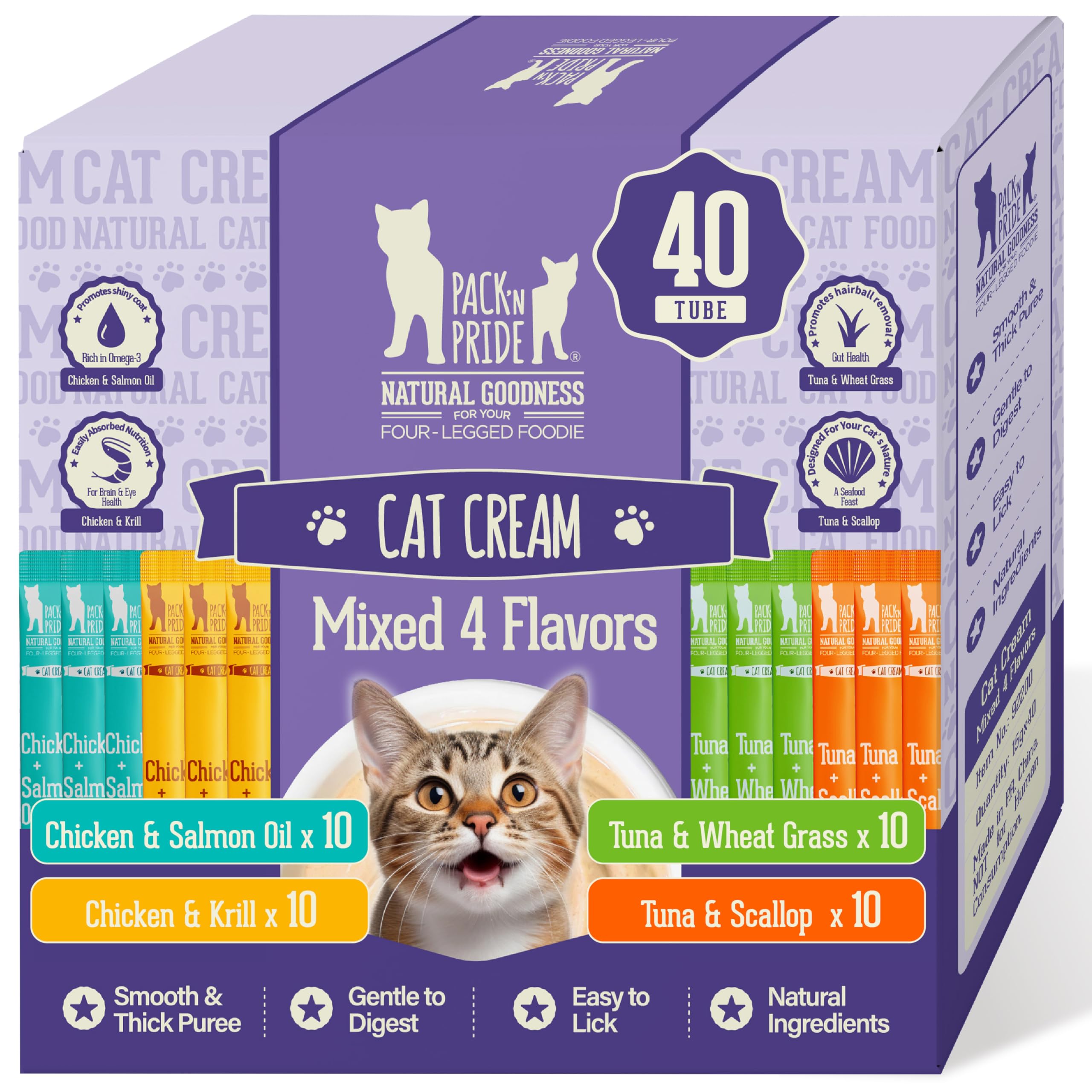PACK’N PRIDE Cat Treats Variety Pack, 40 Tubes*15g=600g Creamy Lickable Treats - 4 Flavors for Cats Healthy Coat & Skin, Hairball Control, Odour Reduction, No Artificial Grain-free Cat Snacks — image 1