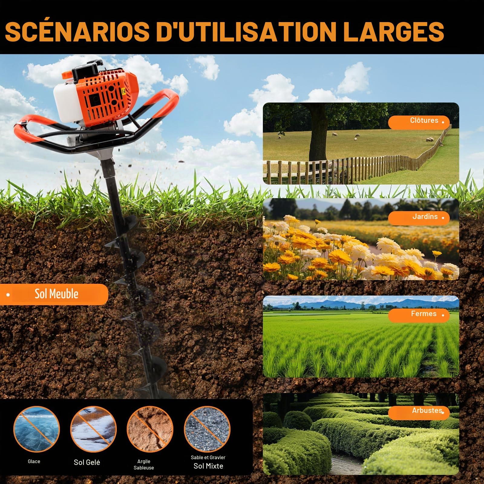 2,3 CV 2 Temps Tarière Thermique 52CC Tarriere à Essence Jardin | avec 3 Forets (10/15/20 cm)+Tige d'extension anti-vibration, Tarière 300 mm pour horticulture, agriculture