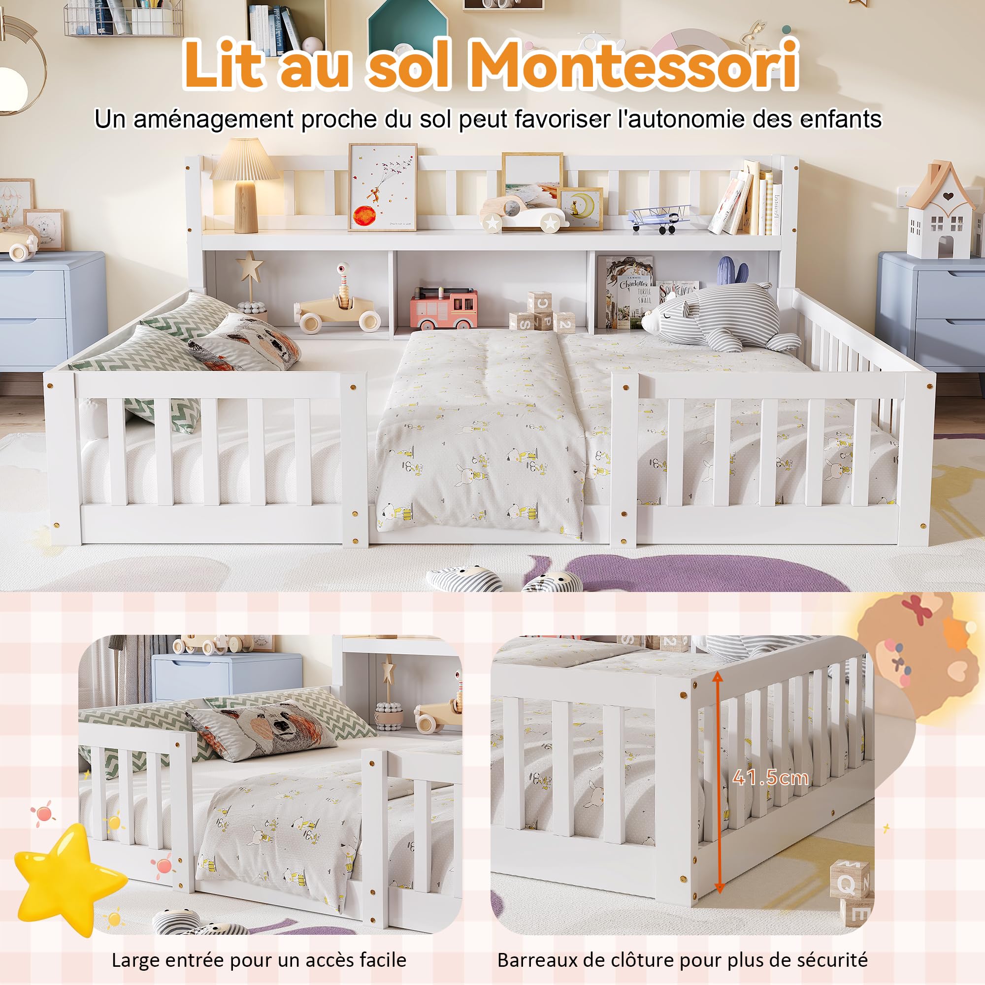 DADEA Montessori - Lettino da pavimento, 140 x 200 cm, con protezione anticaduta e rete a doghe, letto singolo per bambini e ragazzi, senza materasso
