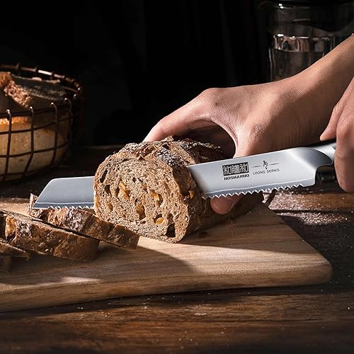 Vista 5 de HOSHANHO Cuchillo de pan de 10 pulgadas, cuchillos de pan dentados japoneses de acero inoxidable de alto carbono, cuchillo profesional para cortar