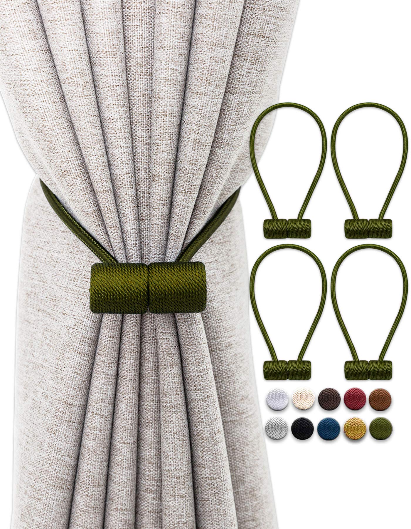 OUdini Curtain Tiebacks, Drapery Tiebacks Curtain Holdback Rope Curtain Holder Buckles for Blackout/Sheer Window Treatment/Olive/4Pcs