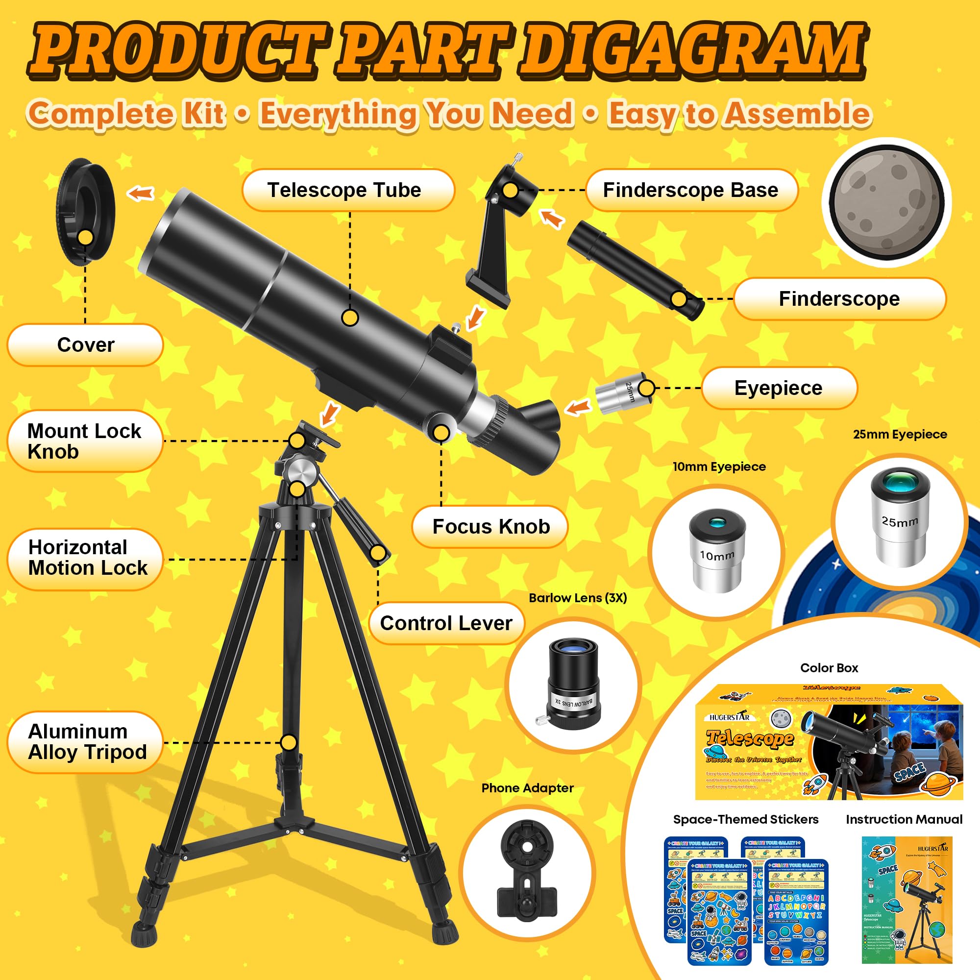 Télescope Astronomique pour Adultes et Enfants, 80/500mm Réfracteur Portable Télescope professionnel pour Débutants avec Trépied, Adaptateur Téléphone – Idéal pour Observer la Lune et Nature