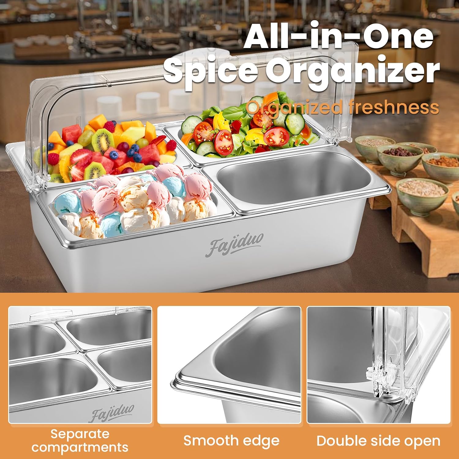 countertop ice food serving display container, spice display salad dressing cooler, stainless steel food serving tray buffet condiment dispenser with clear roll top cover, clamps, spoons, ice packs 4 pans with ice packs