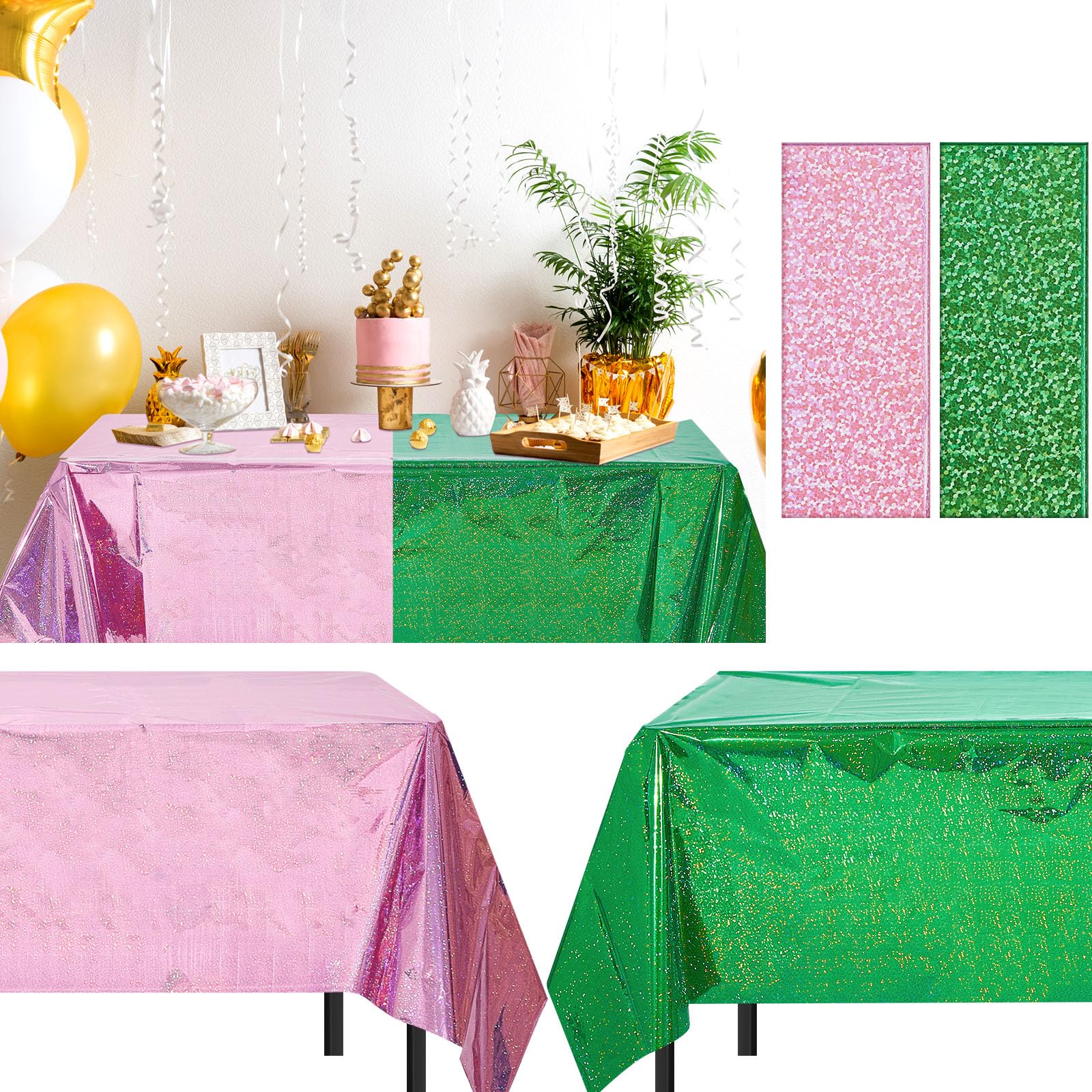 LOYIM 4 Pcs Witch Holographic Tablecloth for Birthday Party Pink and Green 54" x 108"Witch and Princess Theme Movie Decoration Shimmer Iridescent