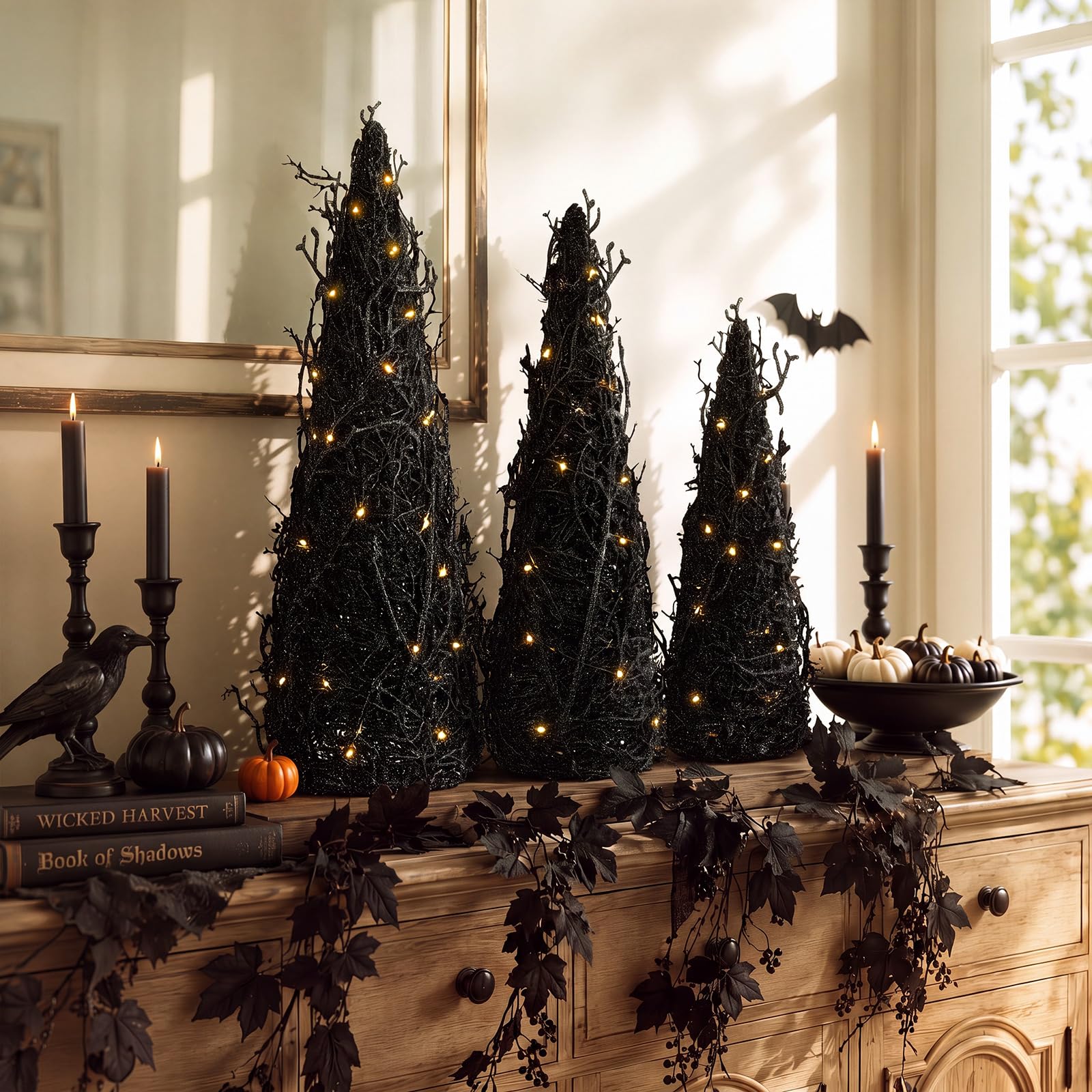 Thyle 3 decorazioni per albero di Halloween, albero di Halloween, nero, con luci a LED, decorazione per interni ed esterni