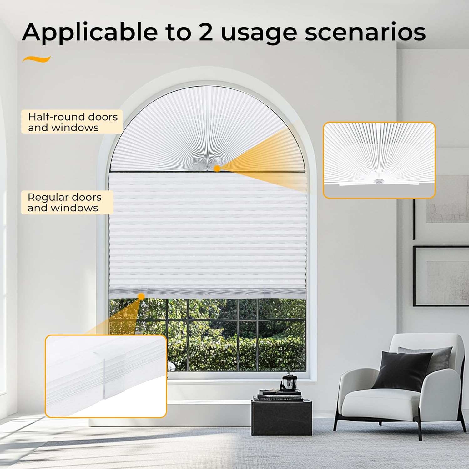 HOMEDEMO Arch Window Shade Blackout White, 48" X 24", No Drill, Half Moon Cellular Shades, Easy Installation Blinds, Half Circle Semicircular