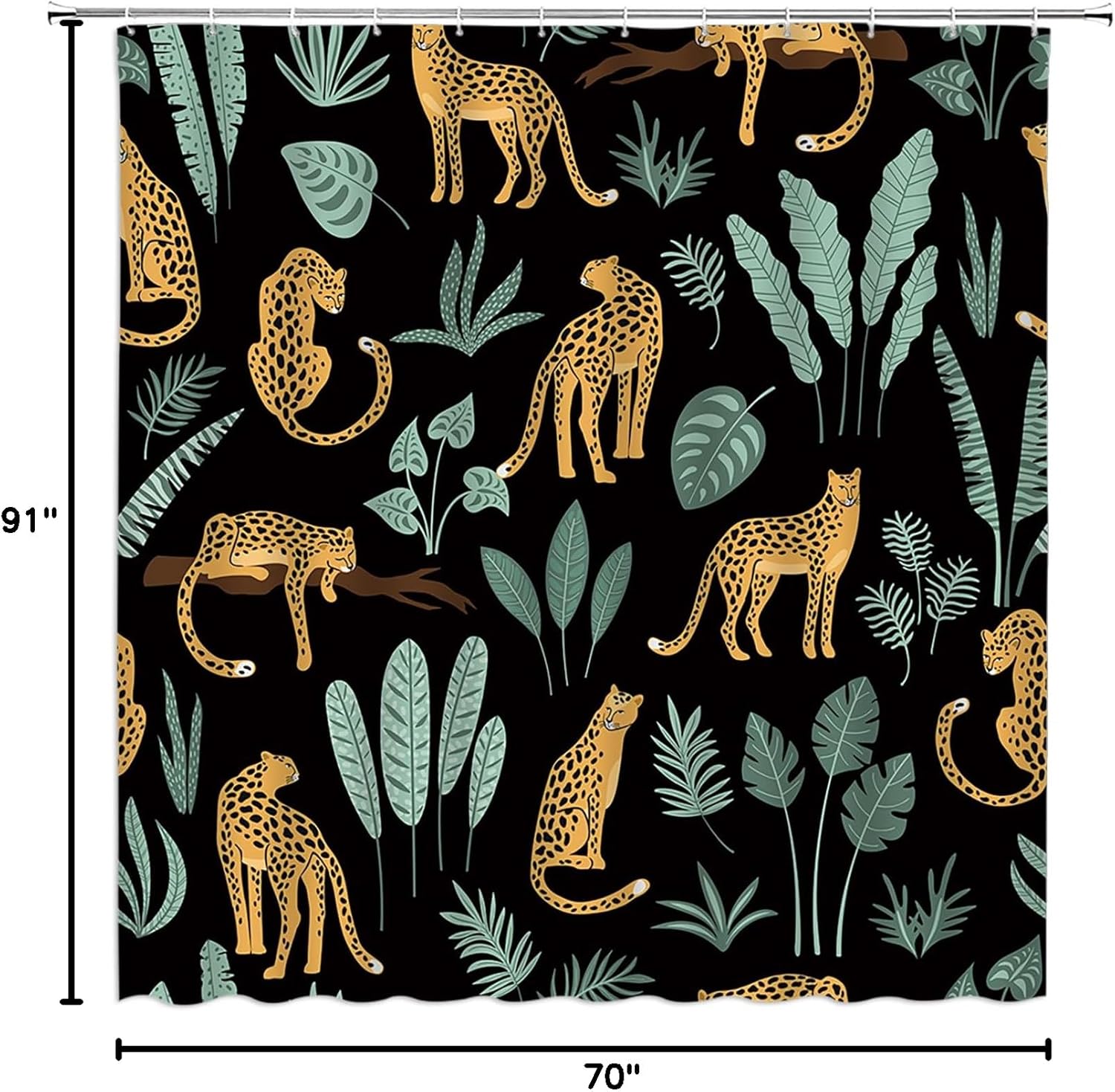 Leopard Shower Curtain Cheetah Tropical Palm Leaf Jungle Rainforest Wildlife Animal Asian Black Home Fabric Bathroom Decor Set Include Hooks,(70" Wx74.8 H)