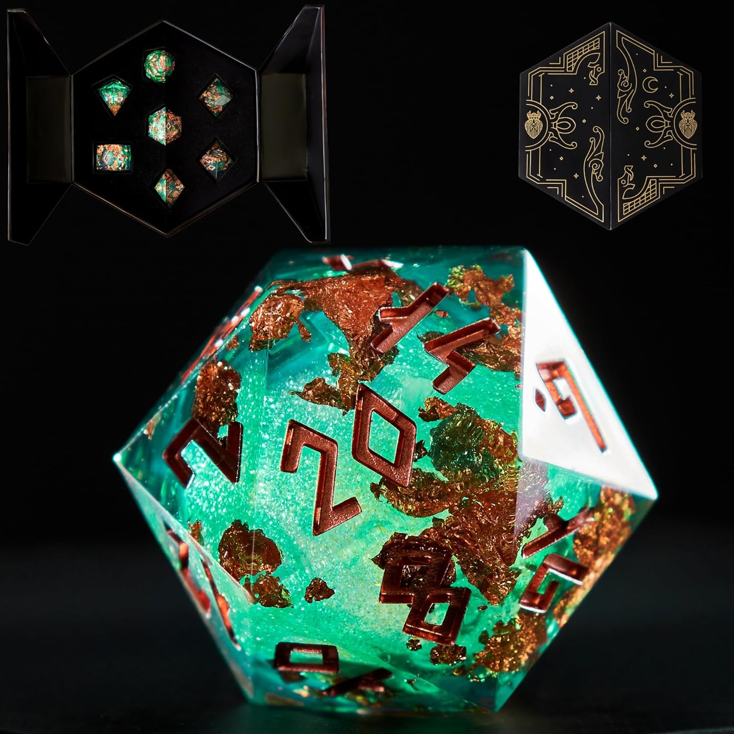 HEIMDALLR Liquid Core Dice Set with First Ever LED Display Case - 7-PC Hand-Painted Sharp Edge DND Dice Set with Gift Dice Box - Resin Dungeons and Dragons Dice Set (D&D Dice Set) (Fenrir's Shadow)