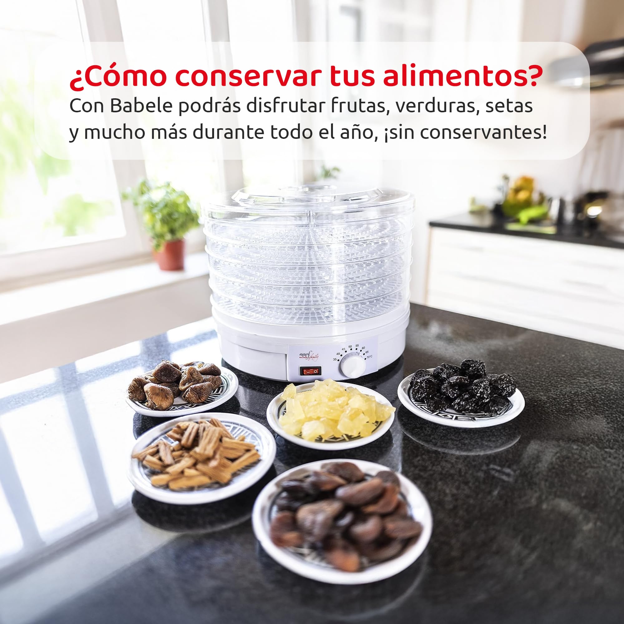 Melchioni Family | Deshidratador Eléctrico BABELE, Deshidratador de Alimentos Multiusos, 5 Bandejas Apilables y Extraíbles, Potencia 250W, Temperatura Regulable 40–70°C