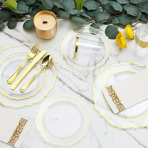 Miniatura 10 de 200 platos de plástico azul de alta calidad para 25 invitados, platos desechables azules y dorados, incluye 25 platos de plástico para cenapostre,