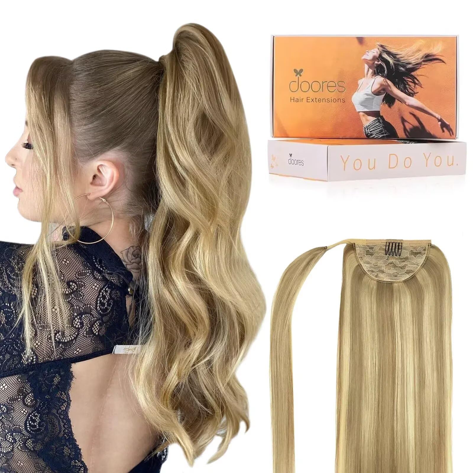 DOORES Pferdeschwanz Haarteil, Hellblond Highlights Goldblond 35cm 75g, Ponytail Extension Gerade Extensions Zopf Clip in Wickeln Sie um Remy Ponytail Echthaar Glattes Magic Paste | Haarverlängerung zum Anklippen, natürliches Echthaar, 75 g, Balayage, Hel