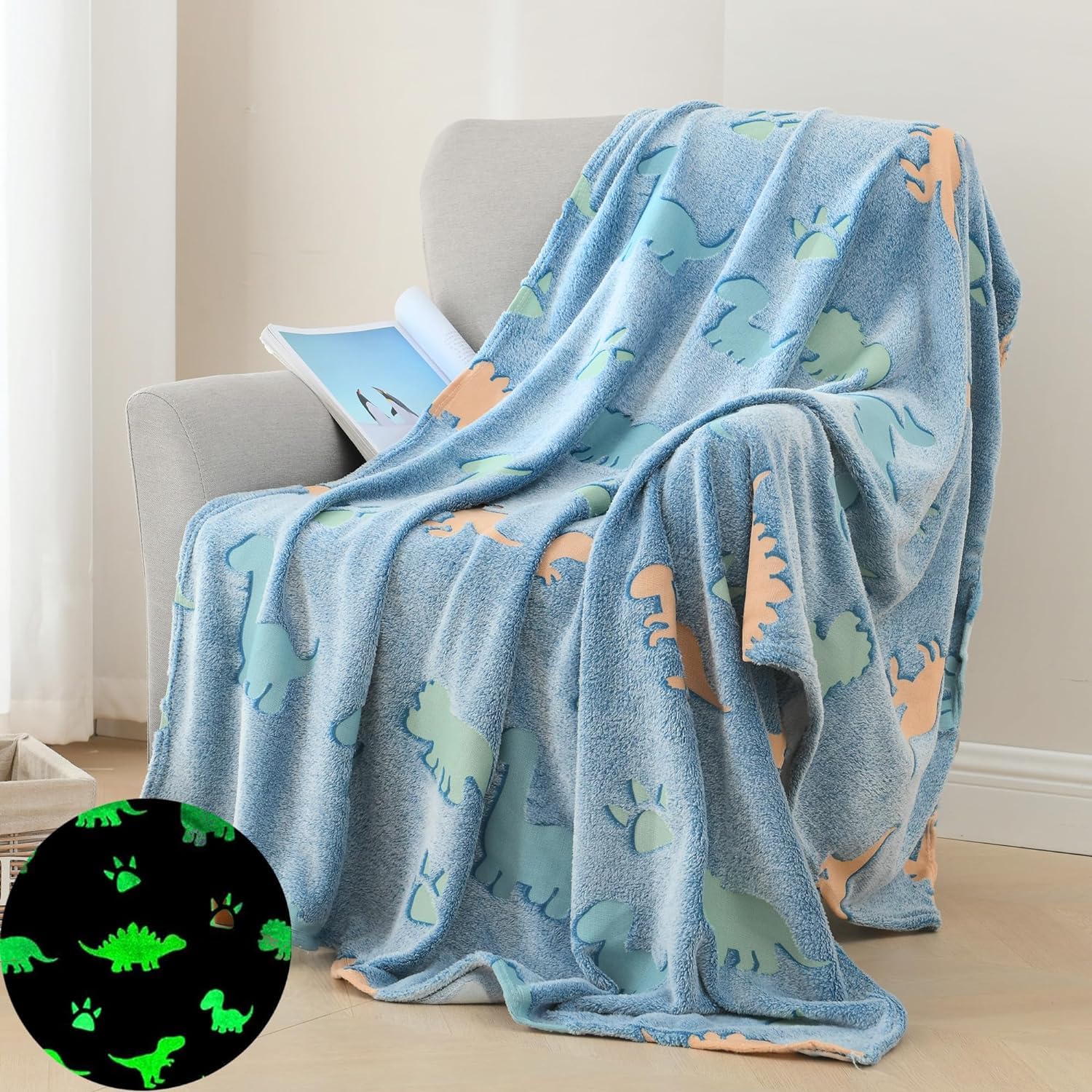 Exilom Glow in The Dark Blanket Dinosaur Gift for Kids Birthday Christmas  Halloween Present Light Up Rainbow Dinosaur Toy Bedroom Bed Decor Fun Soft